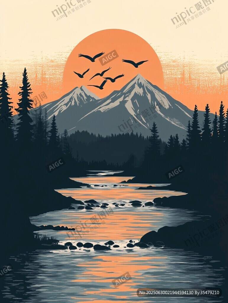 夕陽下的山林河流美景
