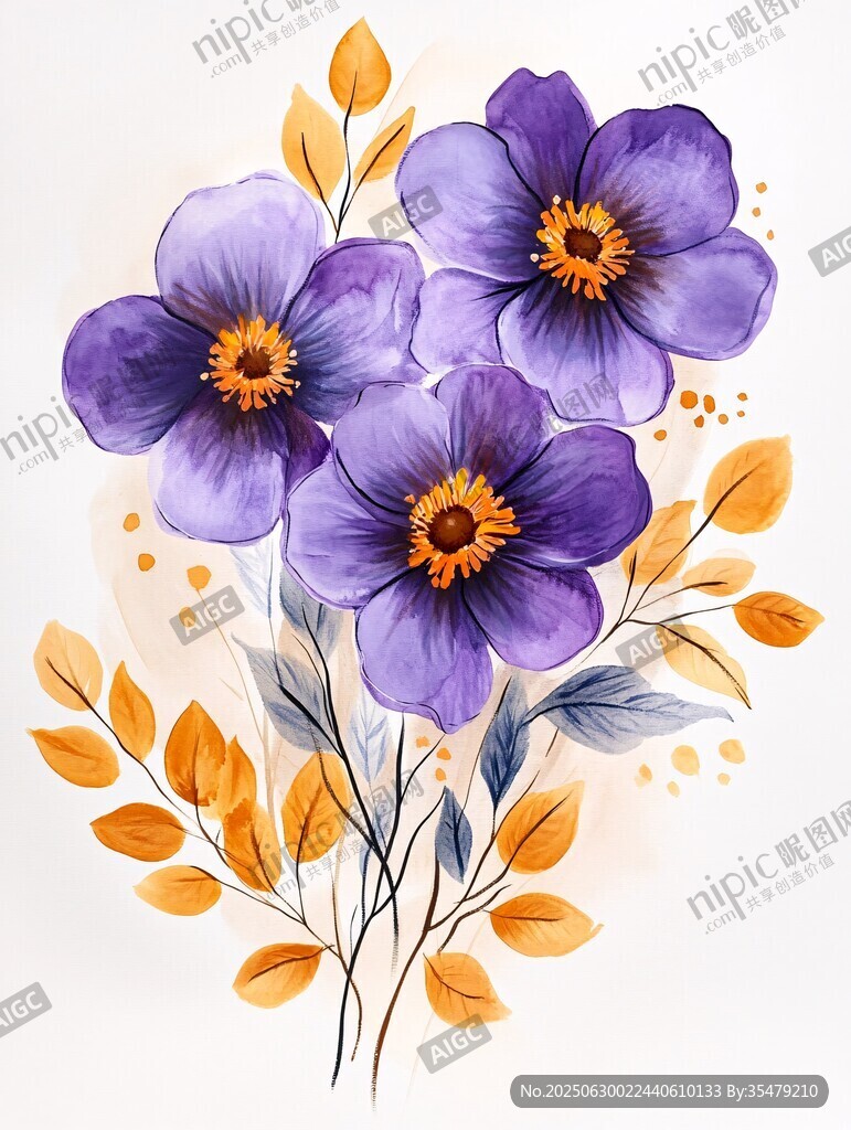 紫色花卉插畫與金黃葉片