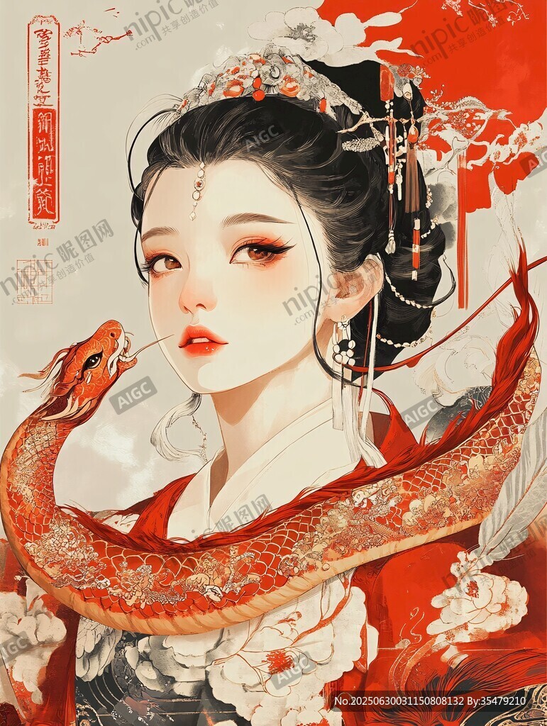 紅衣女子與靈蛇古風(fēng)繪