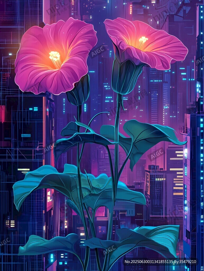 霓虹夜色下的夢幻花朵