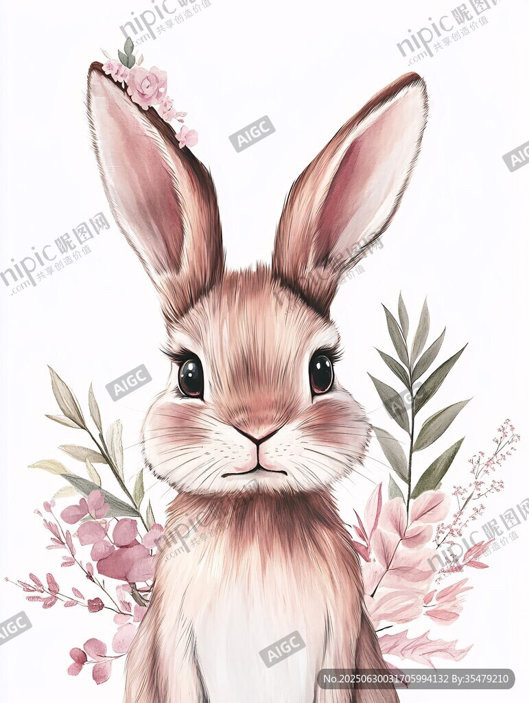 可愛小兔與浪漫花卉插畫