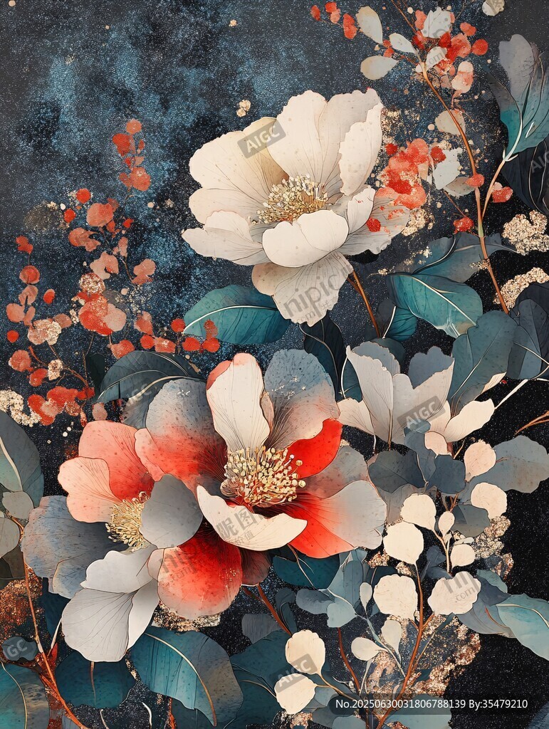 中式花卉油畫風精美畫作