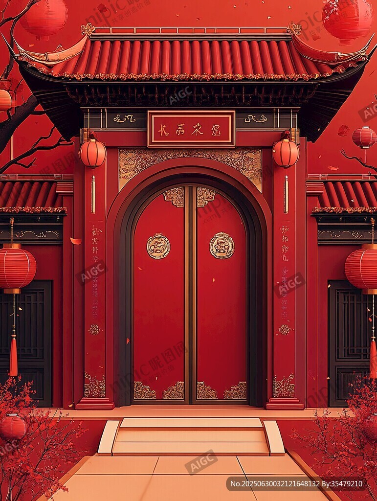 中式紅門古韻新春景象