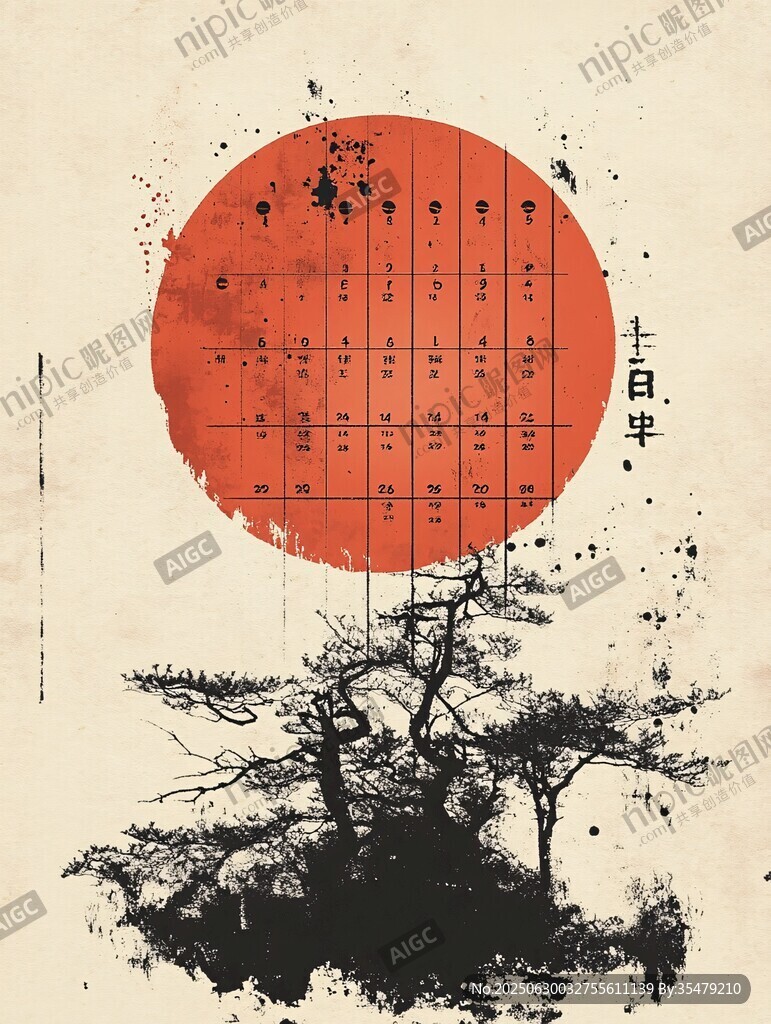 日式浮世繪風(fēng)紅日松樹圖