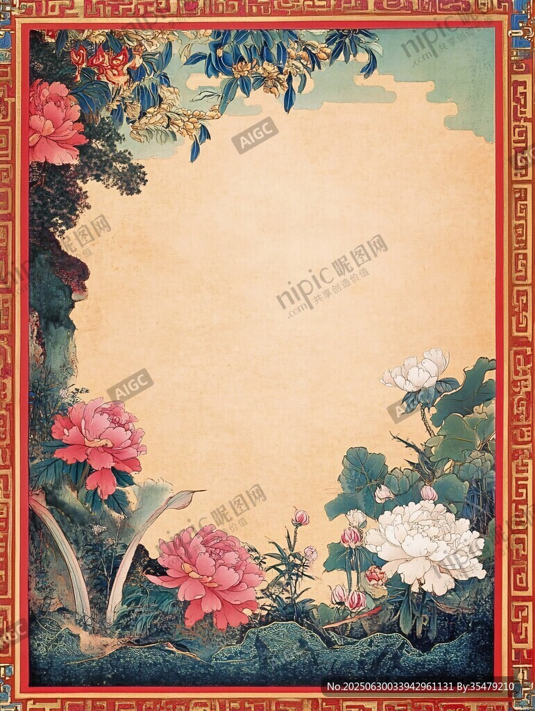 古典花卉中式邊框裝飾圖