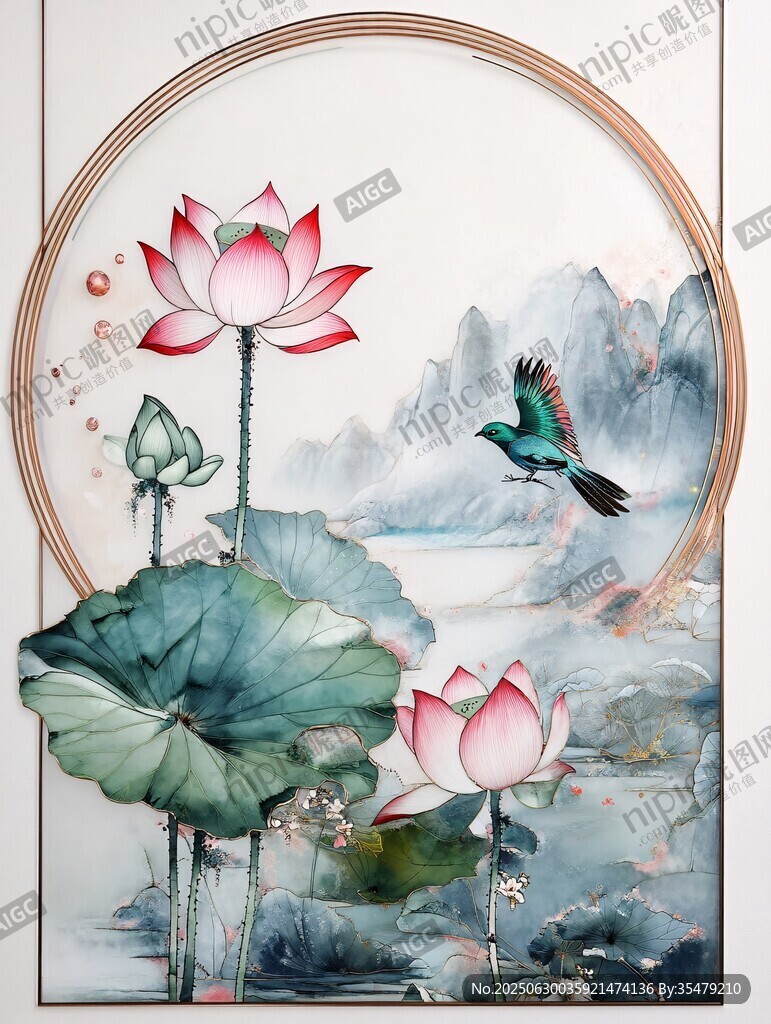 中式水墨荷花飛鳥圖