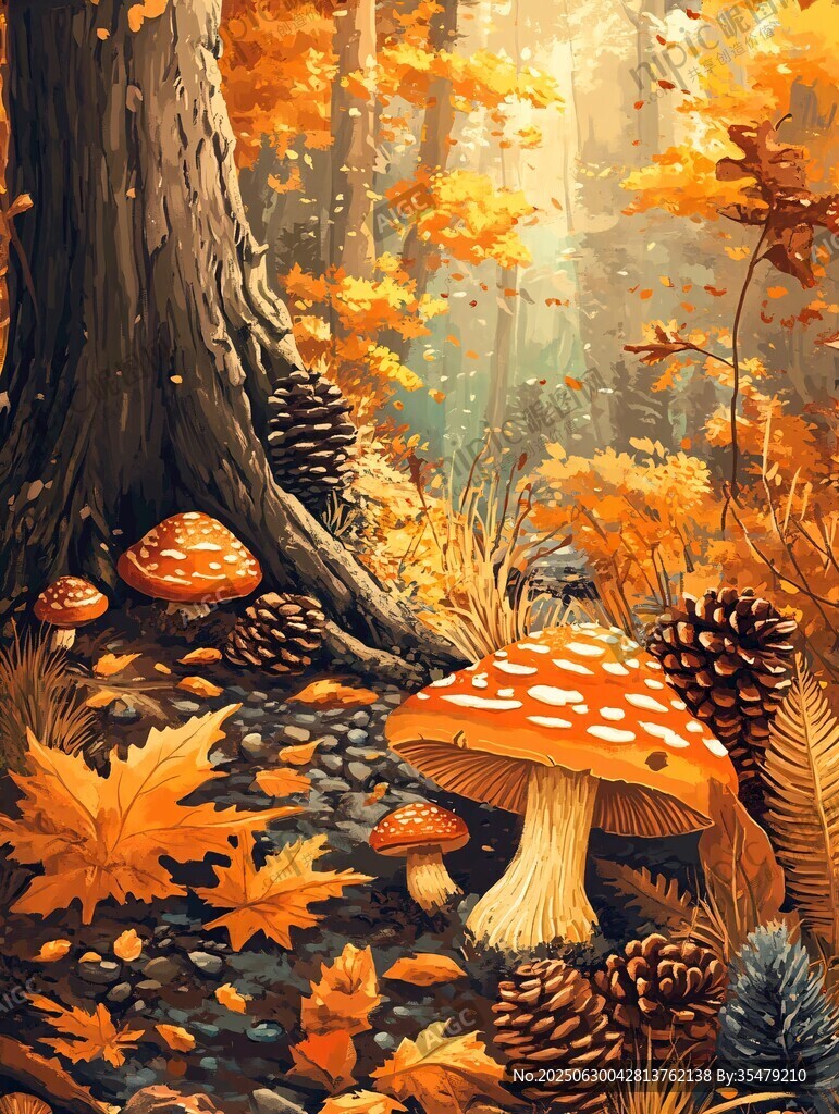 秋日森林中的蘑菇奇幻景象