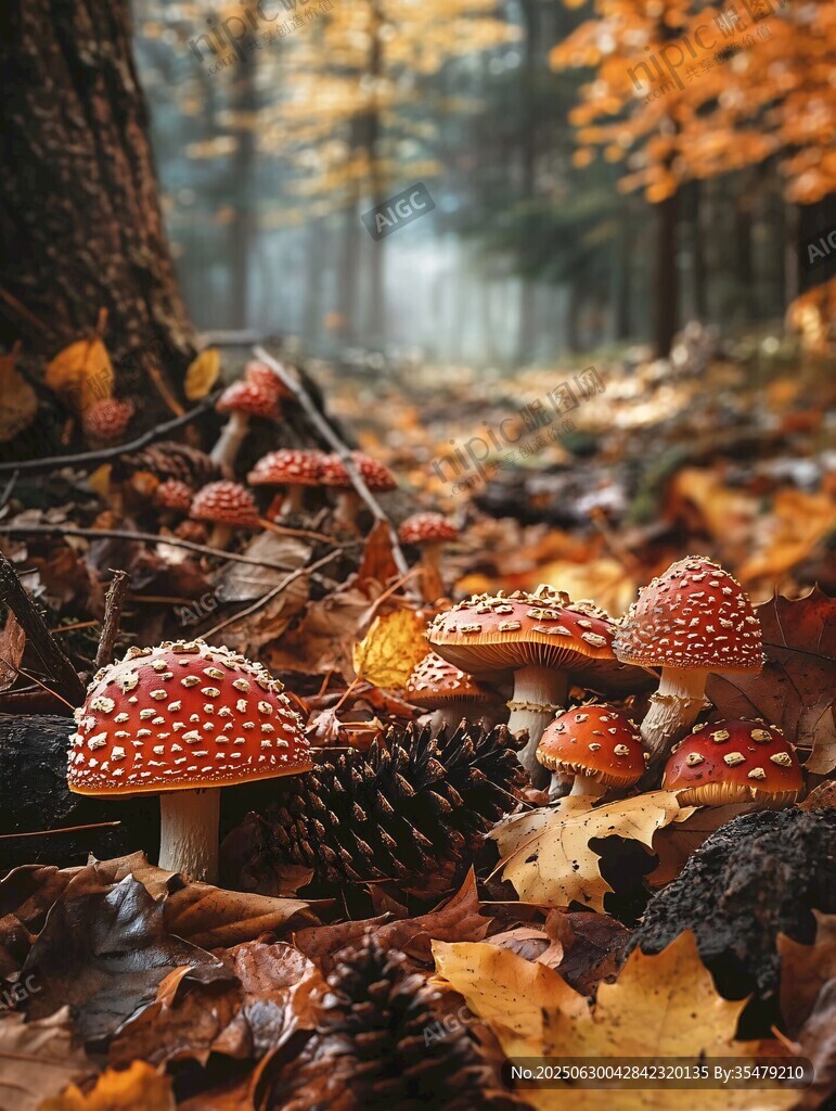 秋日森林中的紅菇與落葉