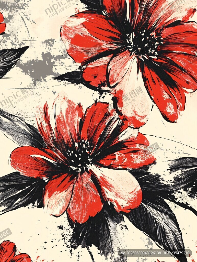 水墨風(fēng)紅花朵圖案設(shè)計(jì)