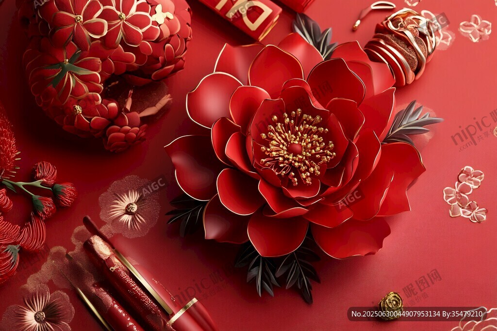 喜慶紅牡丹中式飾品擺件