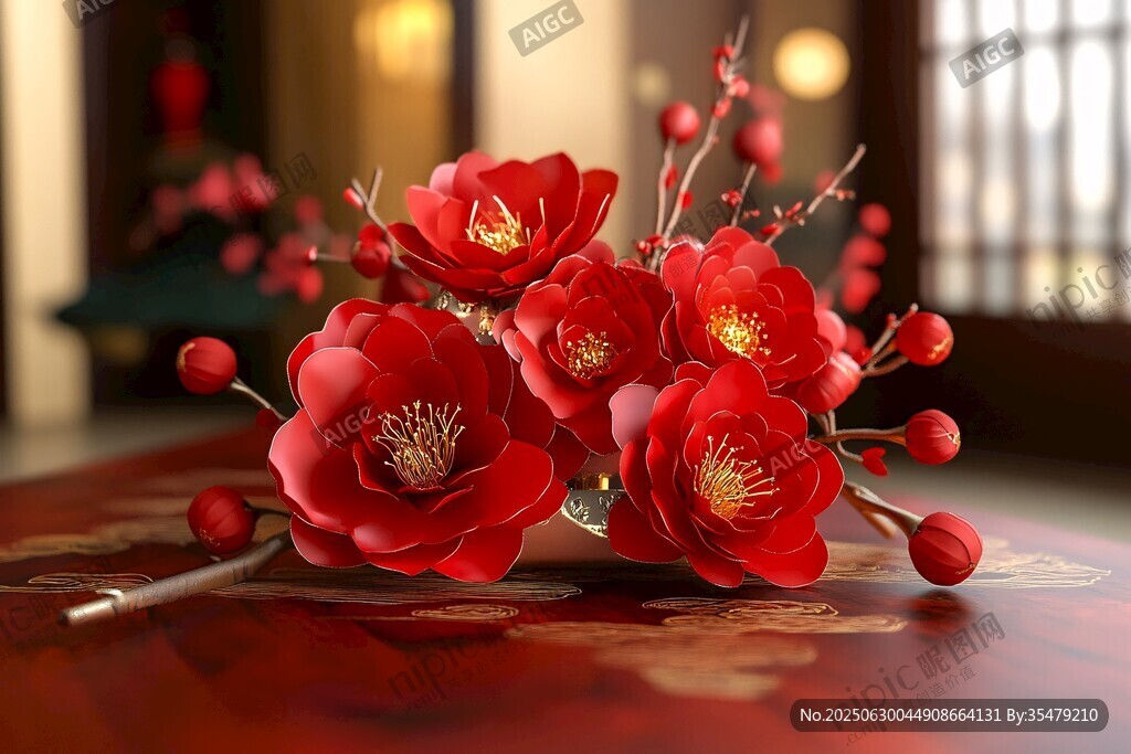 中式案頭綻放的艷麗紅梅