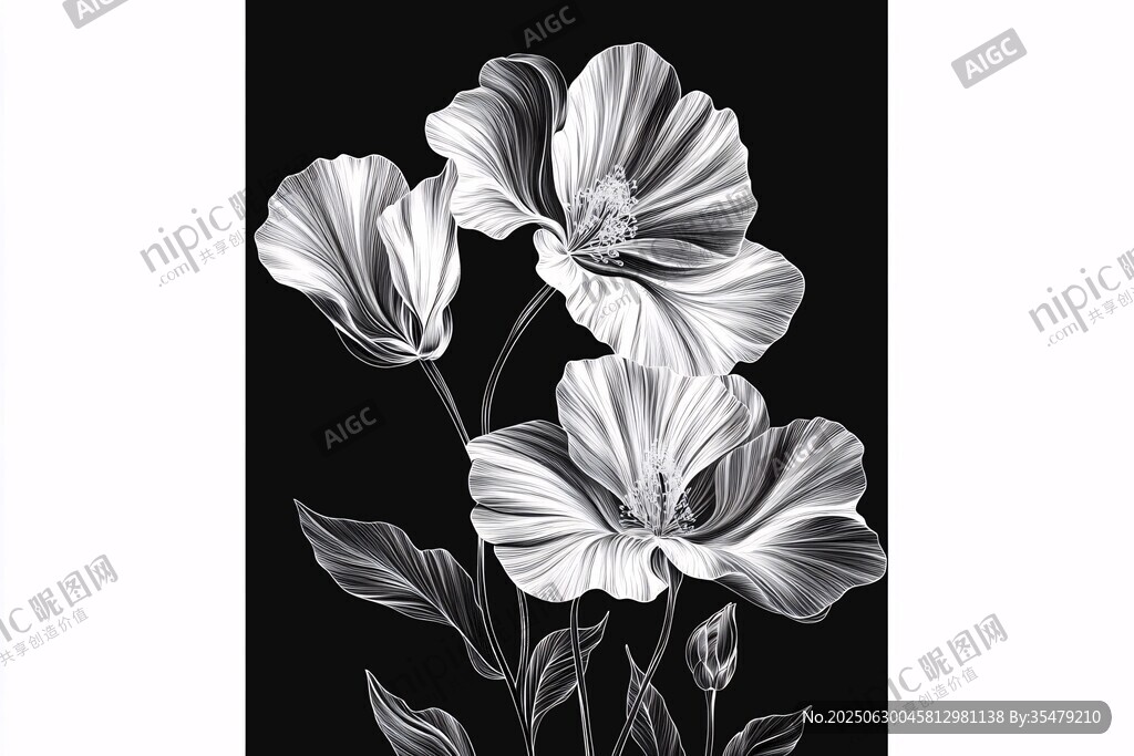 黑白花卉插畫 優(yōu)雅花朵綻放
