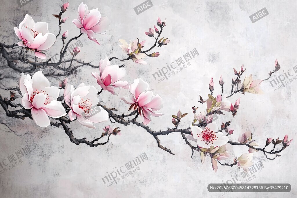 水墨風(fēng)玉蘭花枝綻放