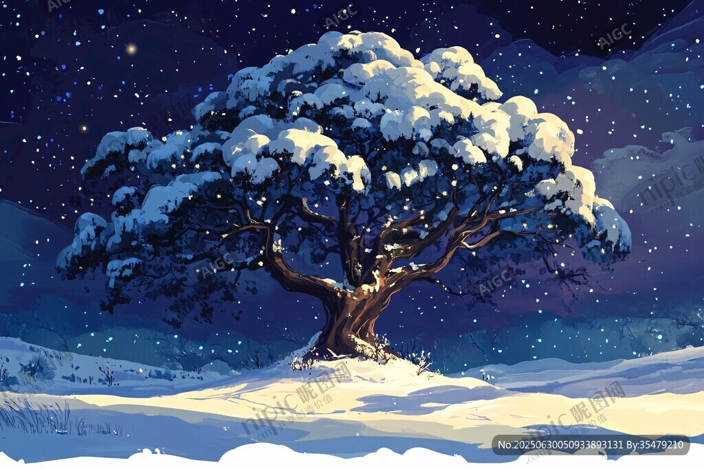 雪夜孤樹 夢幻星空景象