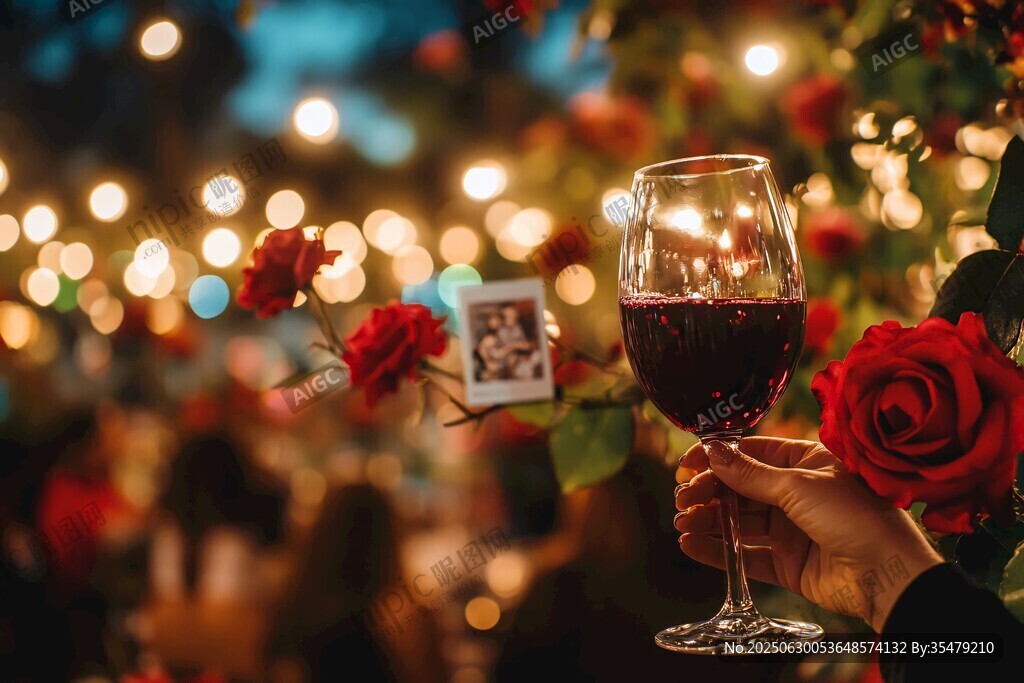 浪漫夜宴 手持紅酒與玫瑰