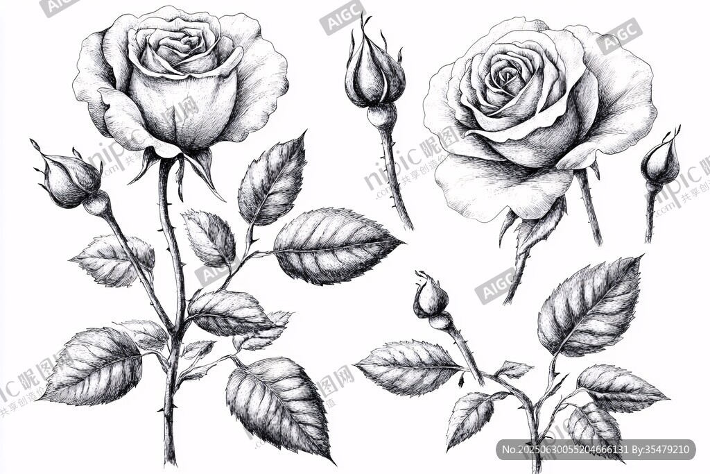 素描玫瑰花卉元素集合