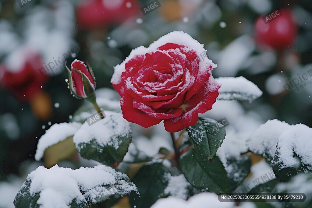 雪中綻放的嬌艷紅玫瑰