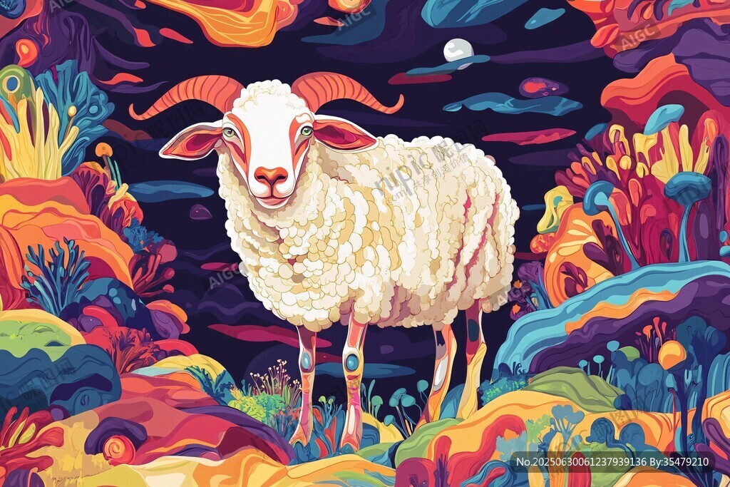 奇幻色彩中站立的綿羊