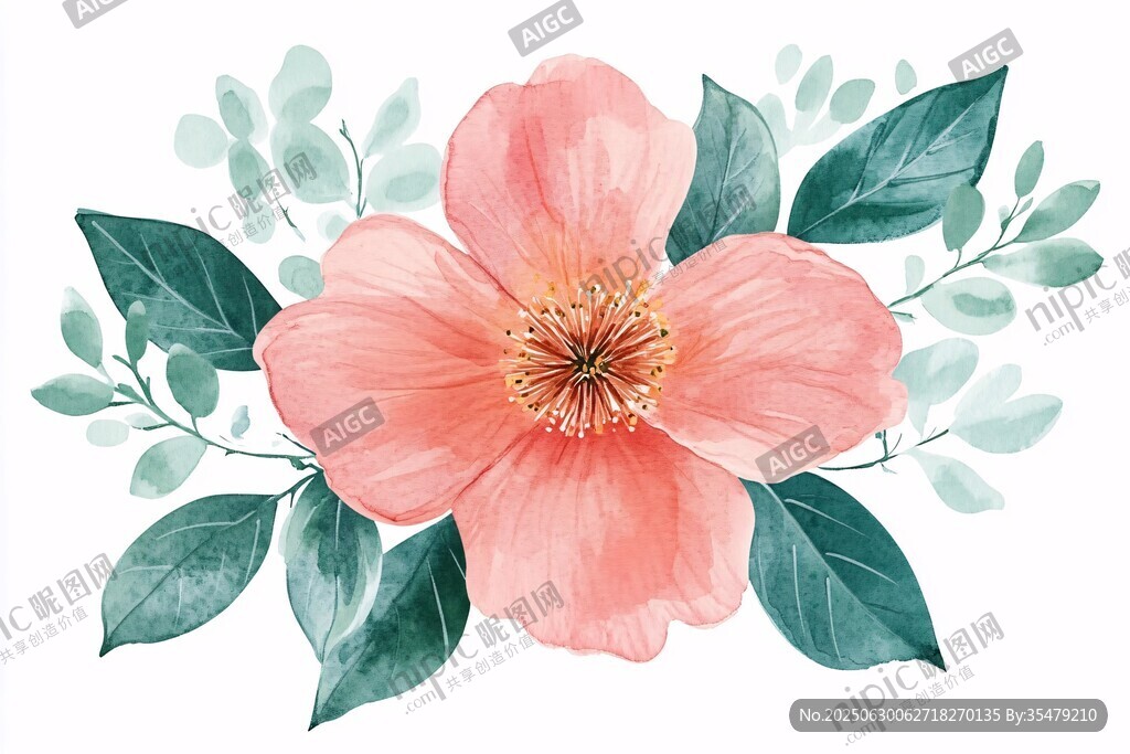 粉色花卉與綠葉插畫