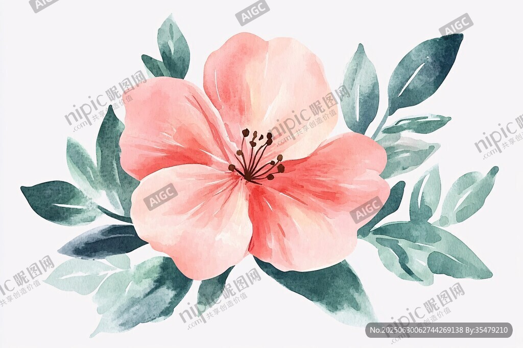 粉色水彩花卉與綠葉圖案