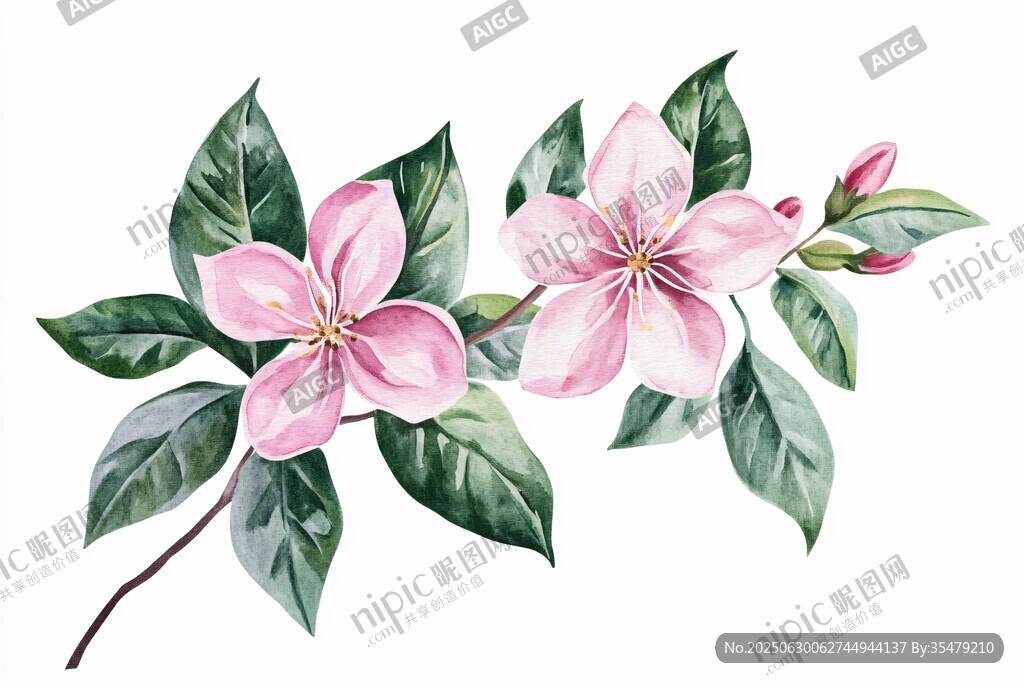 粉色花朵綠葉水彩插畫
