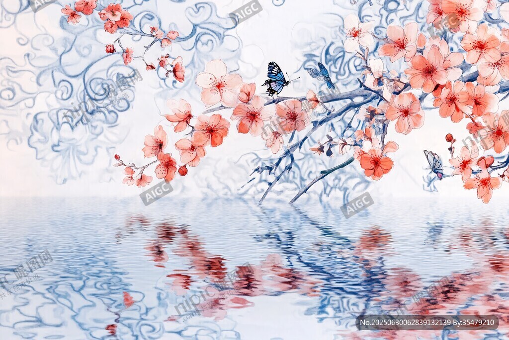 水墨桃花蝴蝶水面景致
