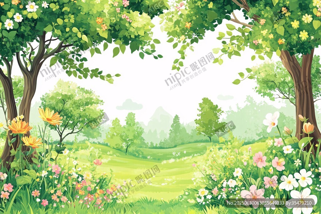 春日森林花卉風景插畫