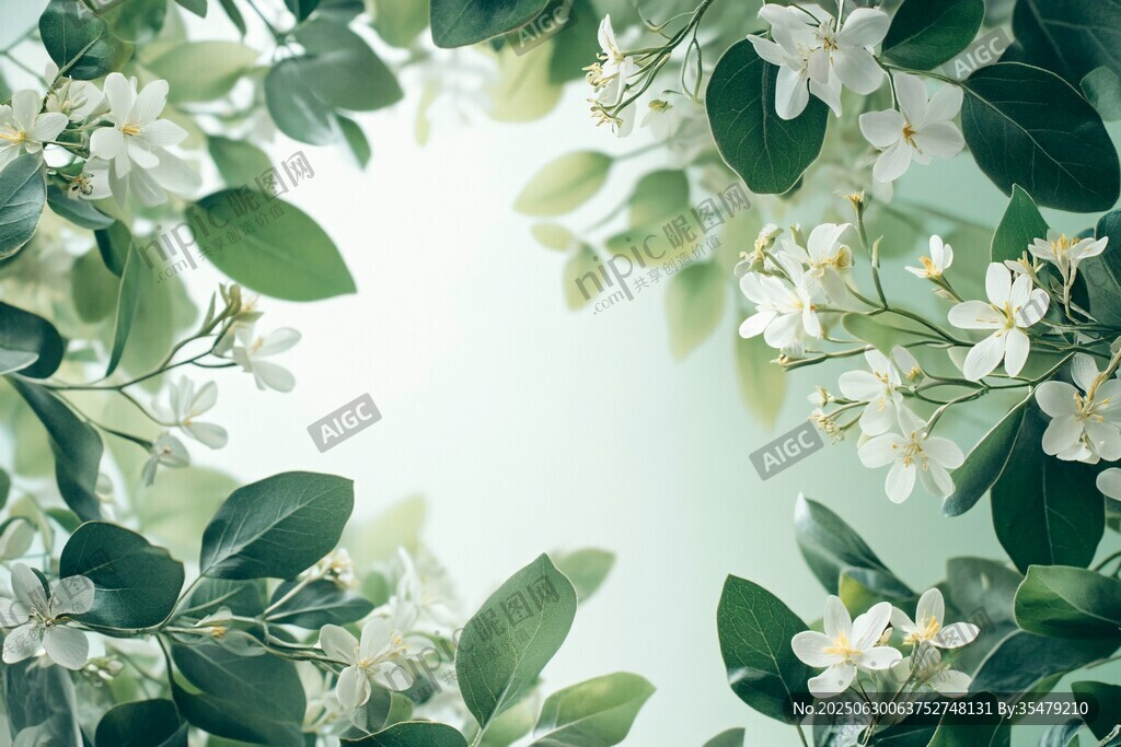 清新白色花卉綠葉環(huán)繞圖