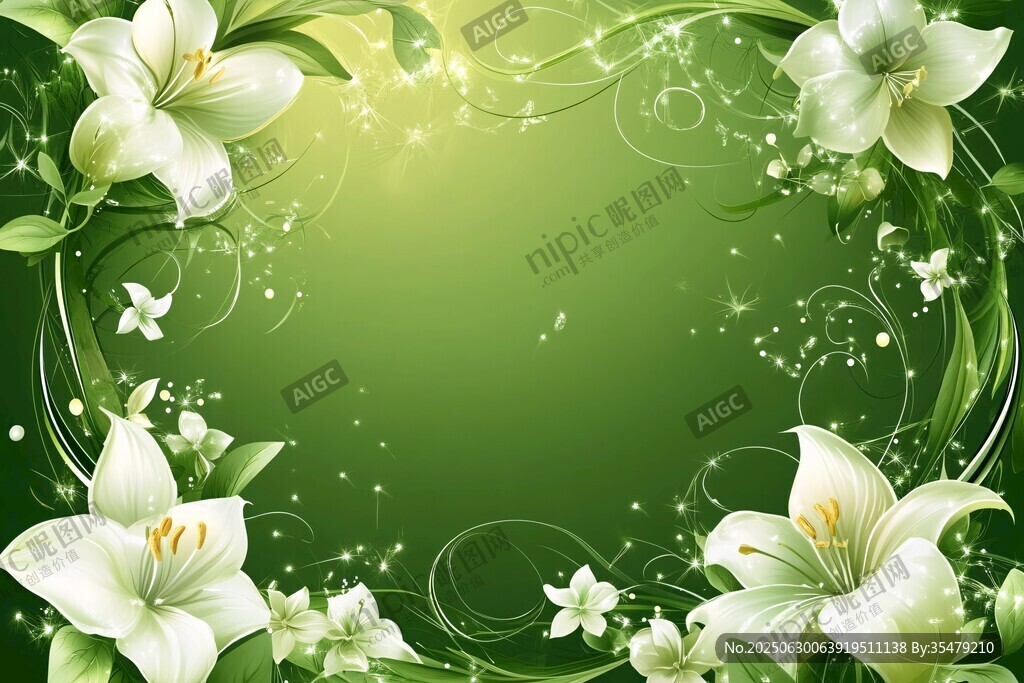 綠色百合花卉夢幻邊框背景