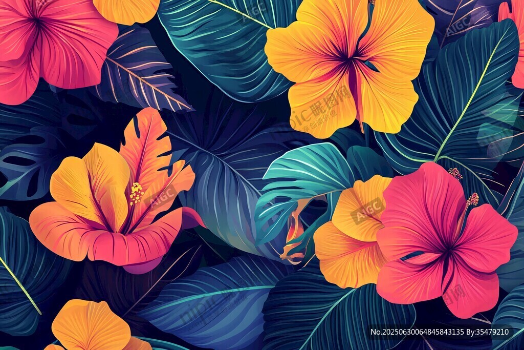 熱帶花卉與綠葉圖案設計