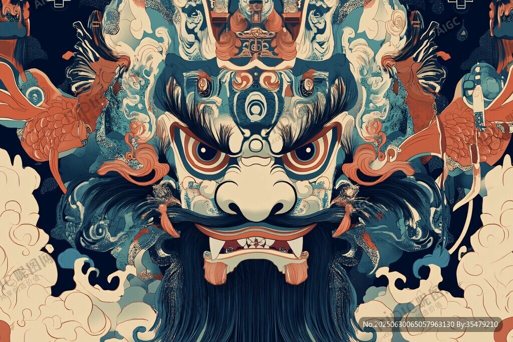 中式瑞獸獅頭國(guó)風(fēng)插畫