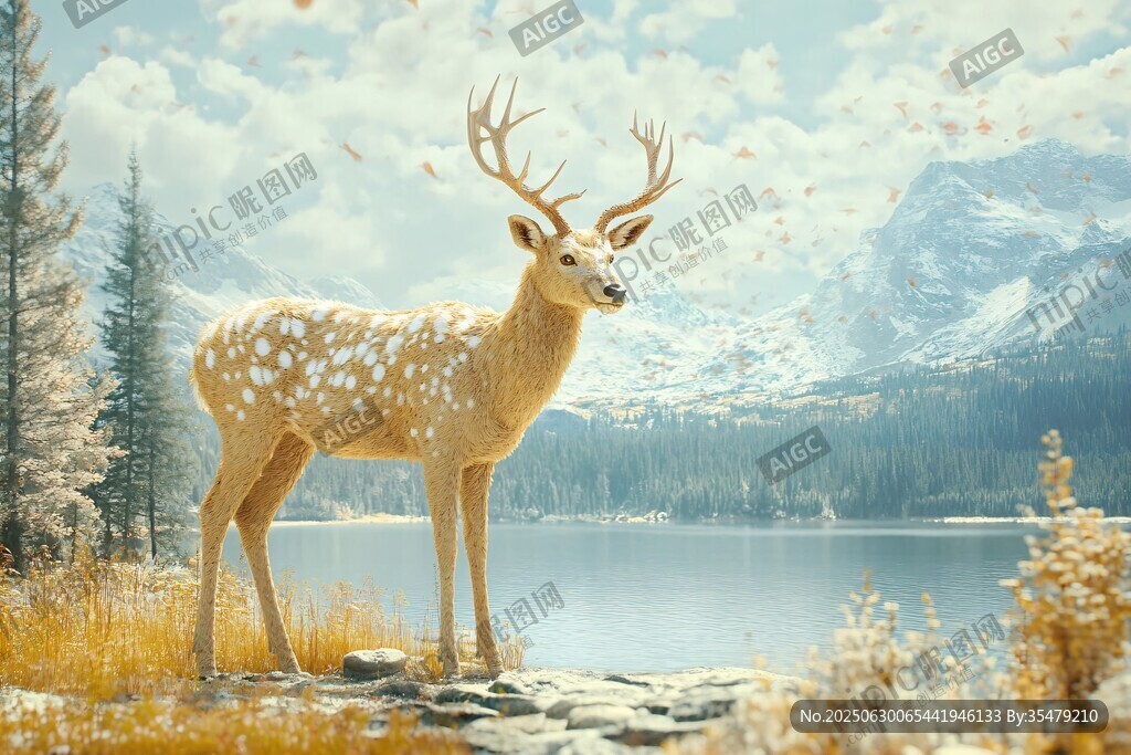 湖畔仙鹿的夢幻山林景致