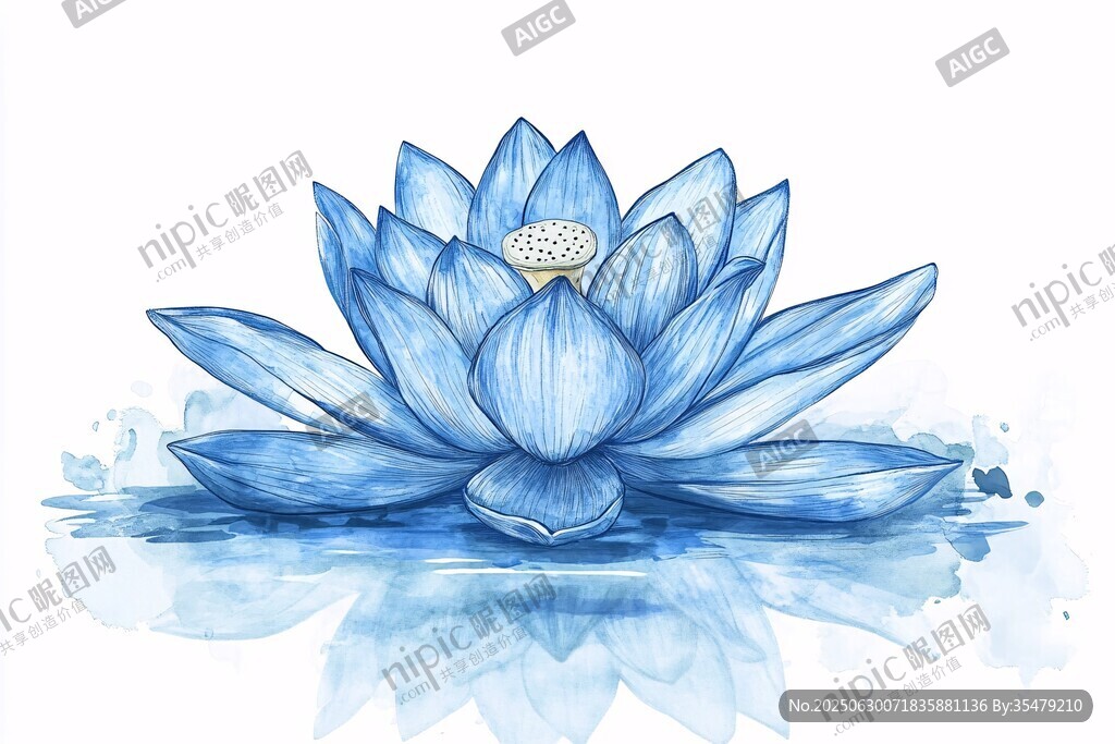藍色手繪蓮花插畫