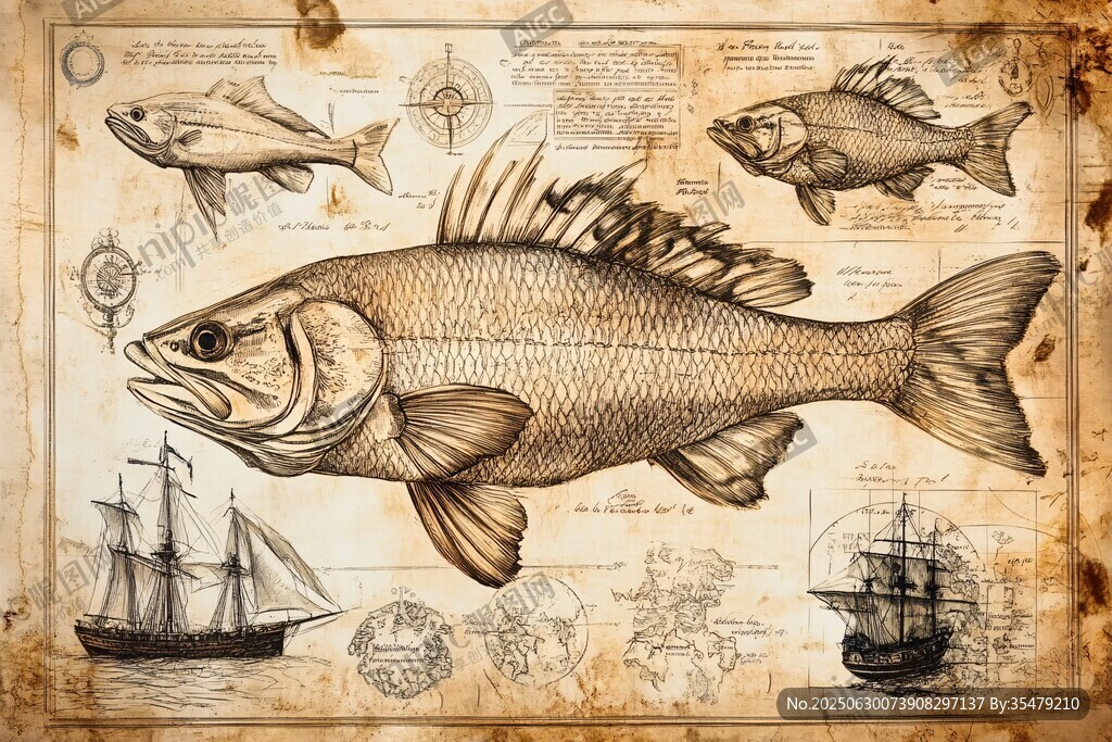 復古風海洋魚類與船只插畫