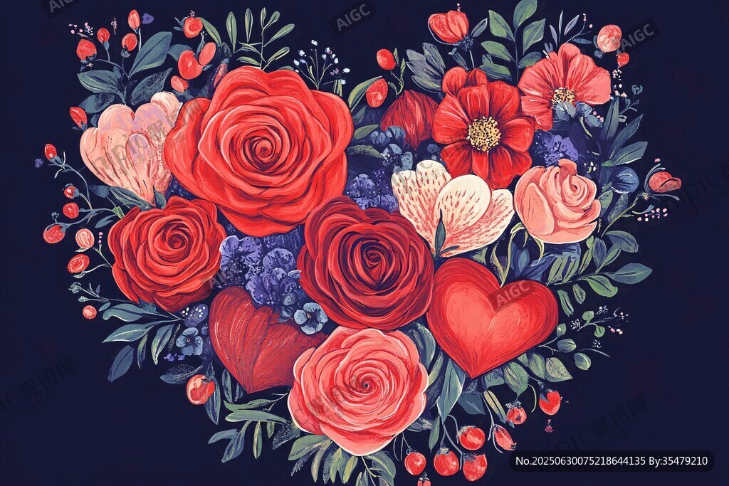 心形花卉插畫 浪漫花卉組合