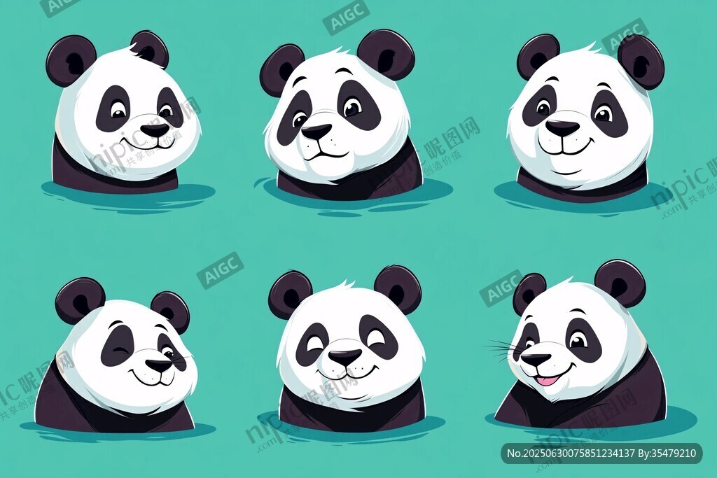 六只可愛表情的水中熊貓