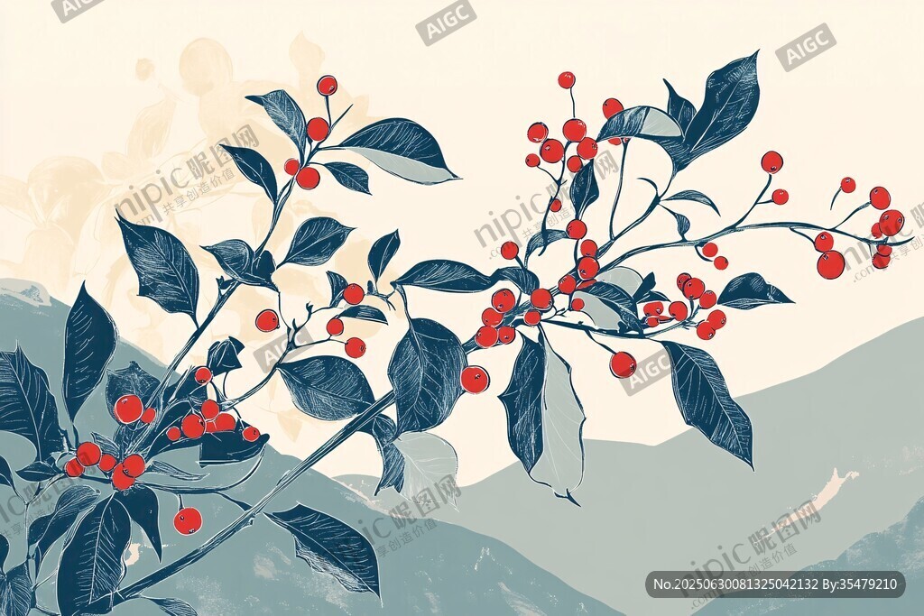 山間紅果枝葉插畫風(fēng)景