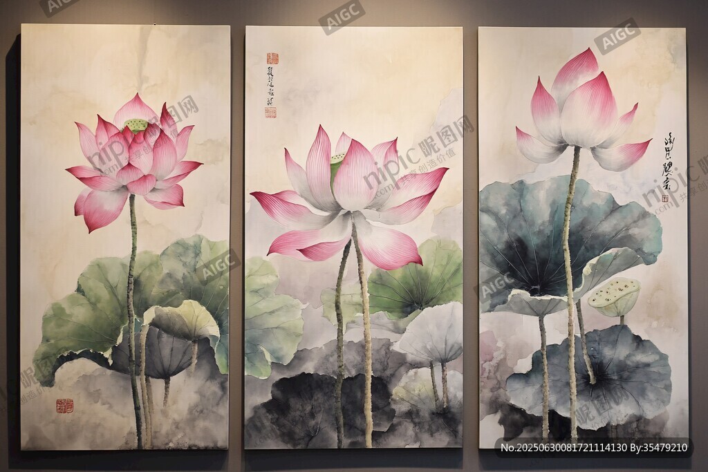 三聯水墨荷花畫作欣賞