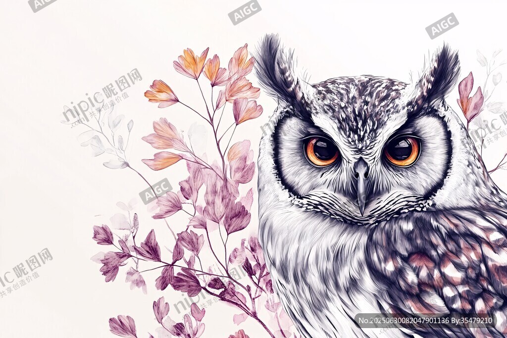 貓頭鷹與花卉的夢幻插畫