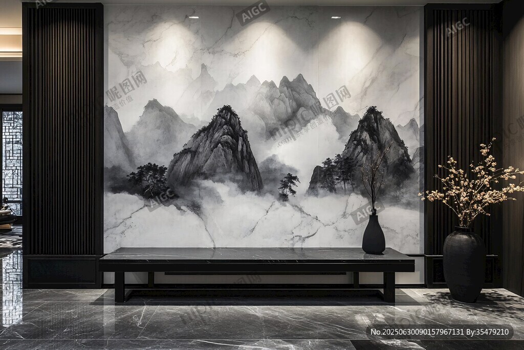 中式山水背景墻室內(nèi)景致