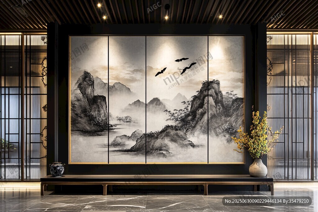 中式山水屏風(fēng)室內(nèi)裝飾景