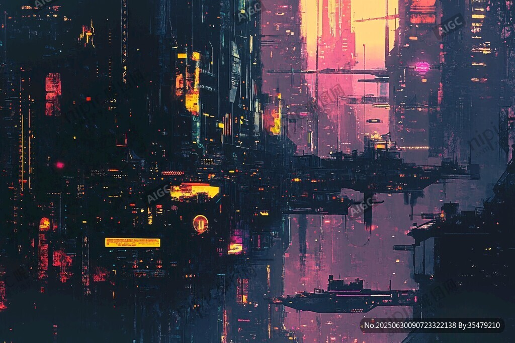 未來霓虹都市科幻夜景