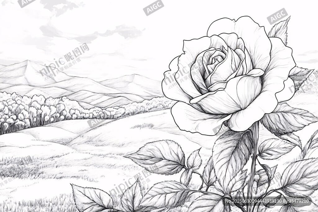田野中的單枝素描玫瑰花