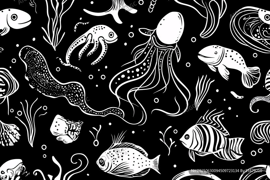 海洋生物黑白圖案插畫