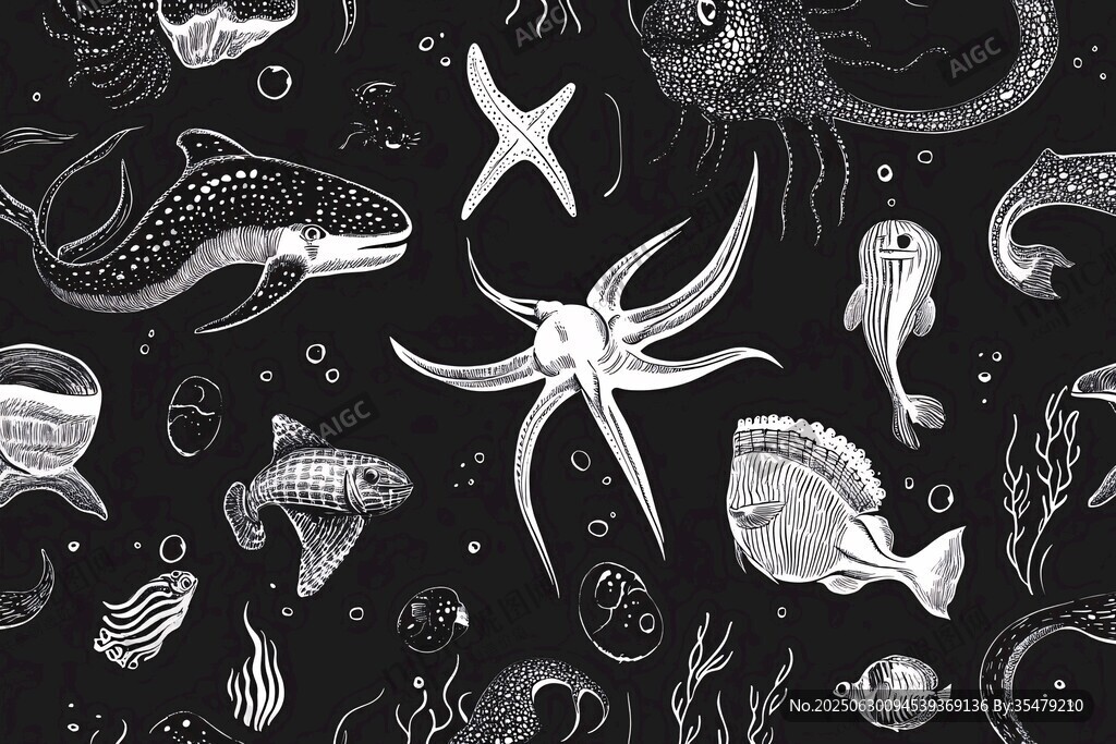 海洋生物黑白手繪圖案