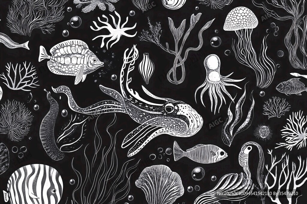 海洋生物黑白手繪圖案
