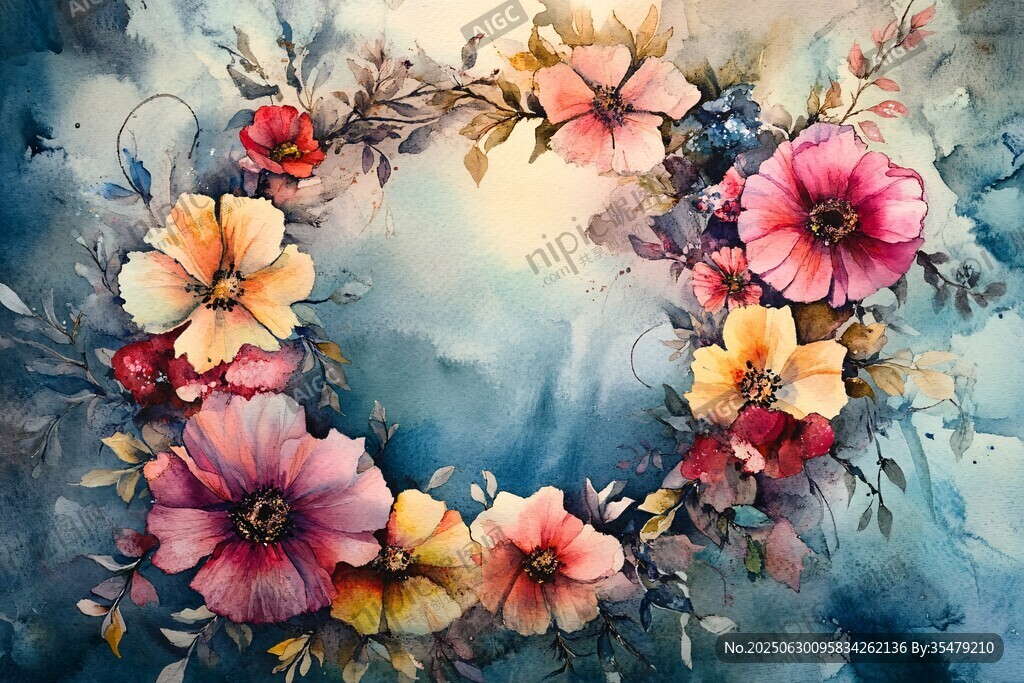 水彩花卉花環(huán)夢幻圖景