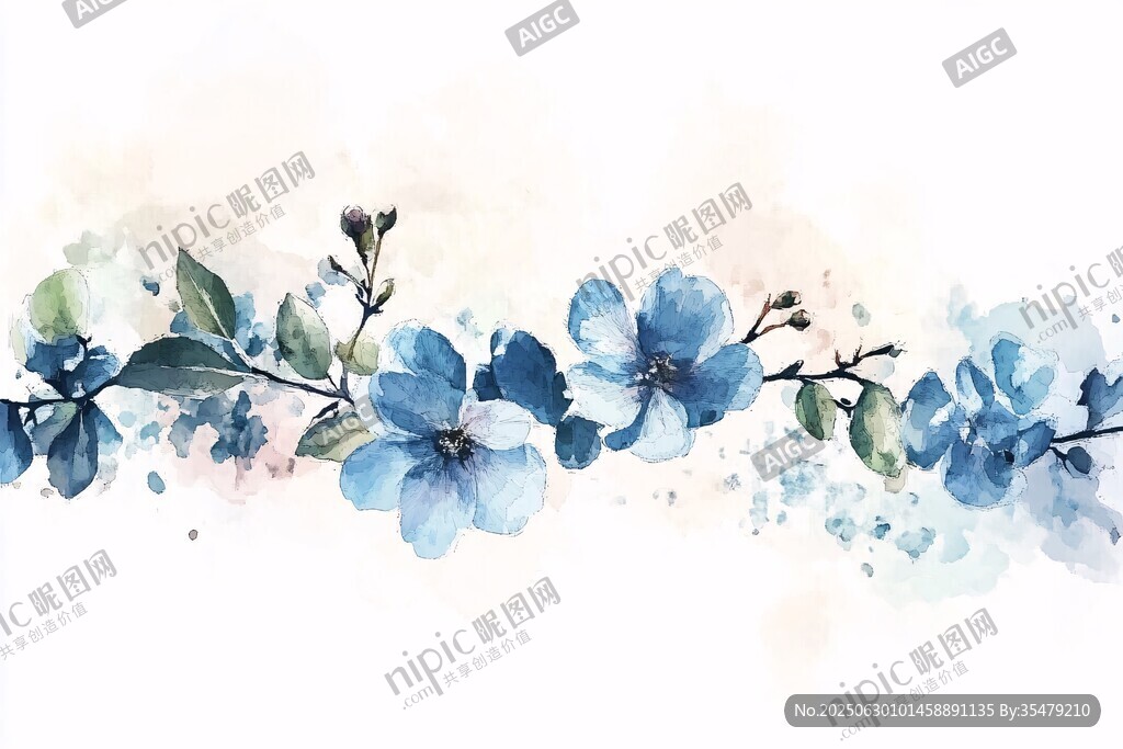 藍調(diào)水彩花卉裝飾圖案