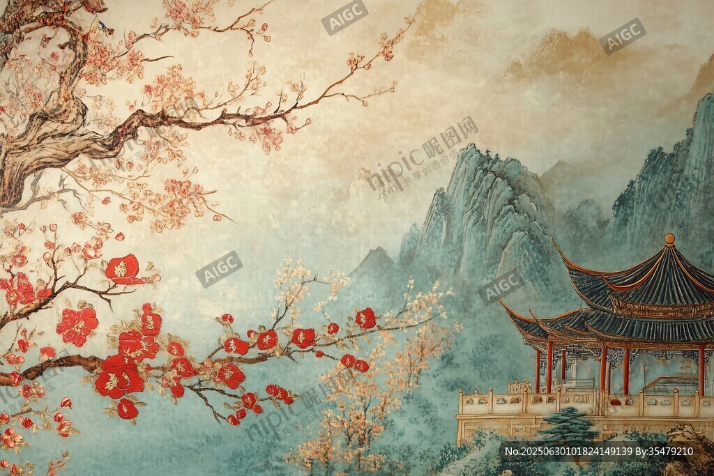 中式山水亭閣紅梅圖