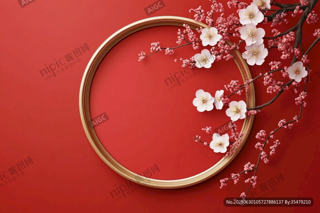 紅底金框綻嬌美櫻花